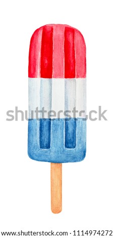 Red, white and blue patriotic popsicle on wooden stick. Hand drawn water color painting on white, isolated clip art element for design. Memorial Day, Flag Day, 4th of July, Labor Day sweet decoration.