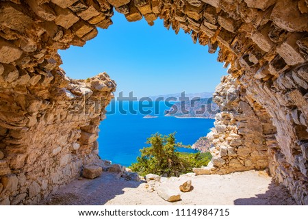 View from the ruin Monolithos Castle on Rhodes Island, Dodecanese, Mediterranean Sea, Greece Royalty-Free Stock Photo #1114984715