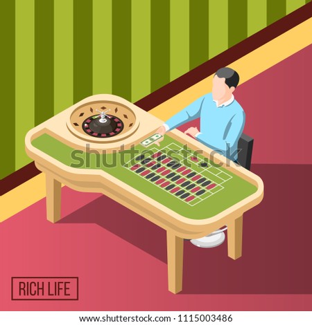Rich life isometric background with man sitting at gaming table in casino vector illustration 
