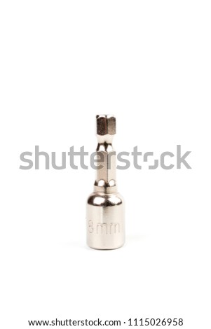 Close up HEX Drive magnetic drill bit socket driver (8mm) for roof screw isolated on white background.
