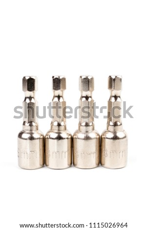Close up HEX Drive magnetic drill bit socket driver (8mm) for roof screw isolated on white background.