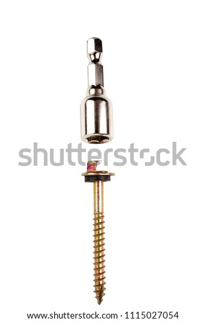 Close up HEX Drive magnetic drill bit socket driver (8mm) with roof screw for  wood timber battens isolated on white background.