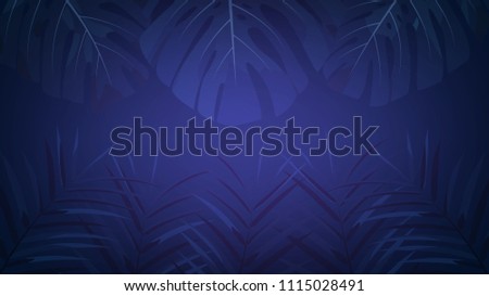 Exotic tropical rainforest background with palm leaves. Tropical night dark background