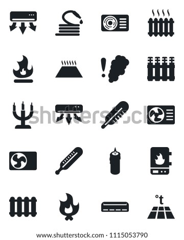 Set of vector isolated black icon - fire vector, hose, thermometer, heater, air conditioner, candle, water, smoke detector, radiator, warm floor