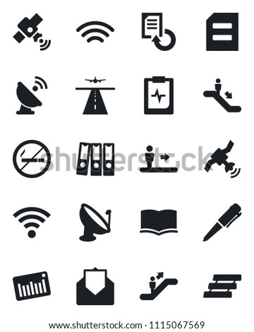 Set of vector isolated black icon - runway vector, escalator, no smoking, book, pen, document, reload, pulse clipboard, barcode, satellite antenna, mail, wireless, paper binder, tray