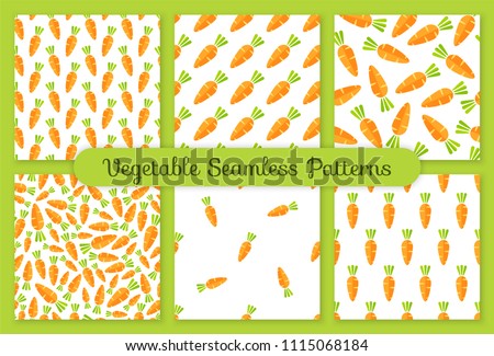 Flat vegetable seamless pattern collection. Retro style trendy background ornament set with carrot vegetables in bright orange color. Cute vector illustration for wrapping paper or restaurant menu Royalty-Free Stock Photo #1115068184