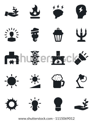 Set of vector isolated black icon - brainstorm vector, bulb, fire, sun, traffic light, torch, brightness, desk lamp, fireplace, beer, candle, energy saving, outdoor, palm sproute, shining head