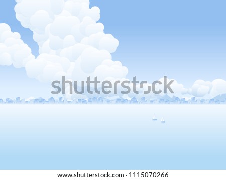 Sky scenery landscape, sea village and clouds above the sky, bright blue tone