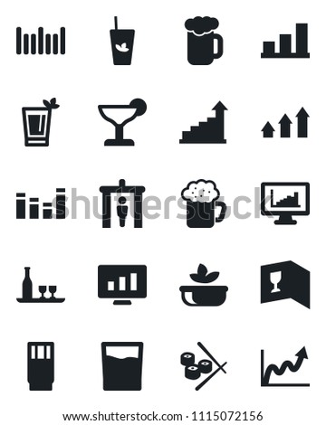 Set of vector isolated black icon - security gate vector, growth statistic, monitor, barcode, equalizer, statistics, bar graph, alcohol, wine card, drink, cocktail, phyto, beer, salad, sushi