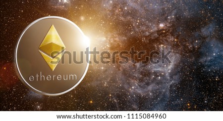 Ethereum with rising sun behind, in starry space. Elements of this image furnished by NASA