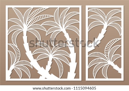Set decorative card for cutting. Palm leaf pattern. Laser cut panel. Ratio 1:1, 1:2. Vector illustration.