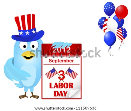 Labor Day. Blue Bird in a hat with icon a calendar and beautiful balloons. Raster version.