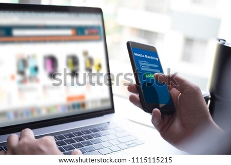 Mobile banking. Man online shopping from website and mobile banking via mobile smartphone application. Embanking, E commerce, Financial Technology concept