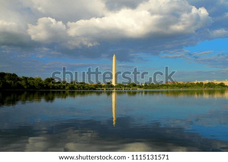 Washington Monument Reflection in Tidal Basin - view towards National Mall on summer day.