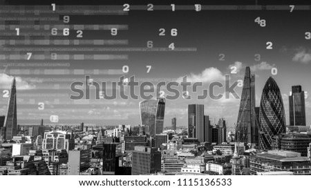 london city skyline with data and computer programming information mapped onto the building facades