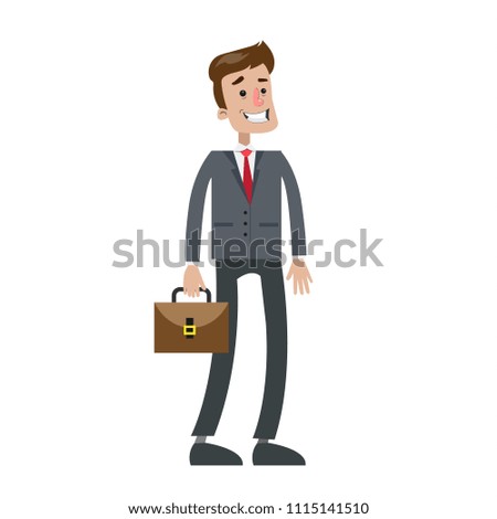 Isolated smiling businessman with briefcase on white background.