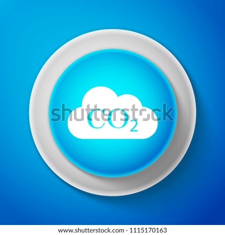 White CO2 emissions in cloud icon isolated on blue background. Carbon dioxide formula symbol, smog pollution concept, environment concept, combustion products. Circle blue button. Vector Illustration