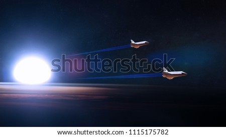 Blue planet Earth. Space shuttles taking off on a mission. Elements of this image furnished by NASA.