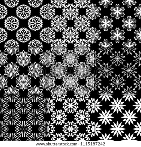 Black and white floral ornaments. Collection of monochrome seamless patterns for paper, textile