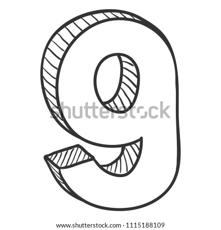 Vector Hand Drawn Sketch Illustration - Number Nine. The figure of 9