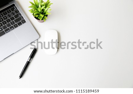 Office table with Laptop,mouse,pen and plant, copy space,Top view, flat lay,minimal style