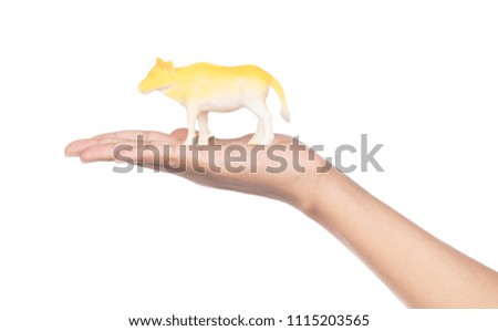 hand holding cow plastic toy for kids isolated on white background