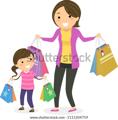 Illustration of Stickman Kid Girl with Mother Carrying Shopping Bags Having Fun
