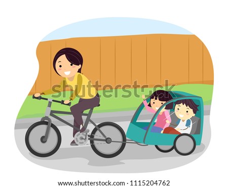 Illustration of Stickman Kids and Mother Riding a Trailer Bike