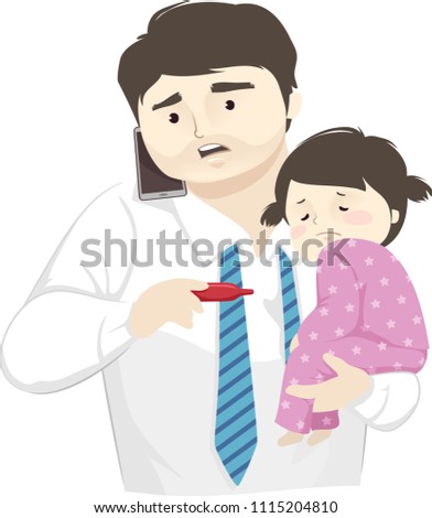 Illustration of a Sick Kid Girl Carried by Her Worried Father on Mobile Phone Looking at Thermometer