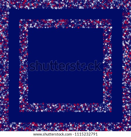 Square Frame of United States Holiday Stars Confetti. USA Festival Flyer Pattern Design. Liberty Patriotic Texture. Flyer, Cover Stars Background.