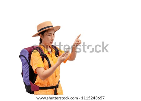 Search for apps and Navigation concept. Asian woman traveling backpacker hiker use smart phone and touching a mobile screen on isolate With Clipping path.Travel concept.