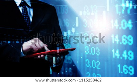 Financial data in term of a digital prices on Stock market LED display. A number of daily market price and quotation of prices chart to represent candle stick tracking in Forex trading.
