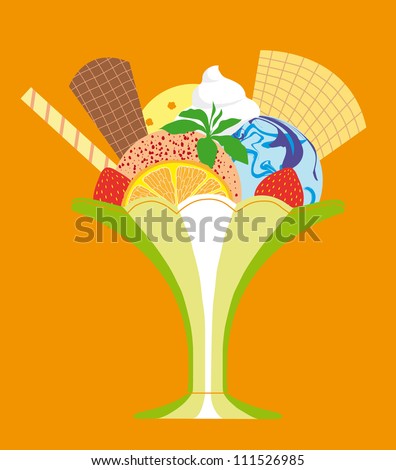 Vector Delicious Colorful Ice-cream Sundae with Fruit and Biscuits