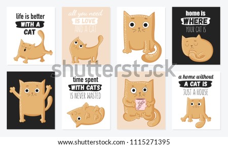 Vector cartoon set of cards with cute cats and funny lettering phrases. Perfect for postcard, poster, Valentine's day, anniversary, birthday, baby book. 