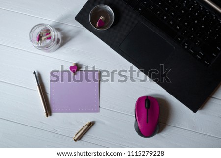 Female workplace top view. Business flat lay.