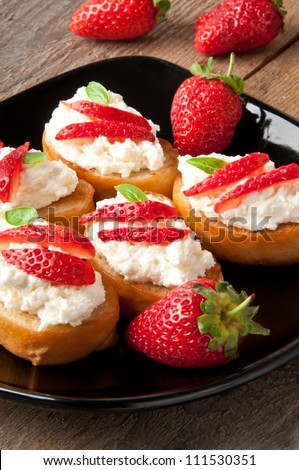 Cottage cheese cream toast with a slices of strawberry