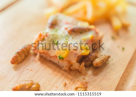 Woodworm, Edible insects with baked bread and mozzarella cheese on wooden cutting board. Insect food is the healthy meal high protein the popular food in Thailand. Close-up, Selective focus