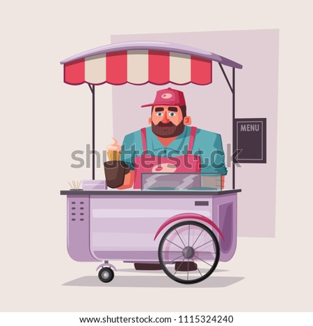 Street food or fast food hawker vendor truck. Cartoon illustration. Outdoor cart with seller. Chef funny character.