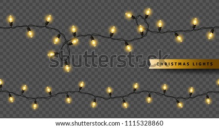 Yellow Christmas lights isolated on transparent background. Vector illustration. Glowing bulbs for Xmas and New Year Design. Seamless garlands for holiday party