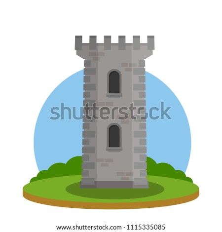 Cartoon flat illustration - medieval European knight tower. Stone building of the castle. the Fort strengthened. invulnerable building. tourist attraction. part of old town. Green field. 
