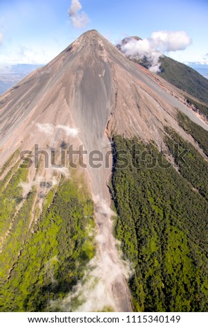 Aerial view of active Fuego and Acatenango Volcanoes located in Guatemala, Central America