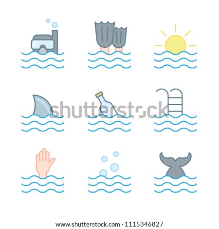 Collection of waves icons. Symbols of diver, pool, sea, fish, summer, swimming.

