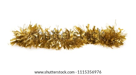 Golden, yellow tinsel, Christmas ornament, decoration, isolated on white background Royalty-Free Stock Photo #1115356976