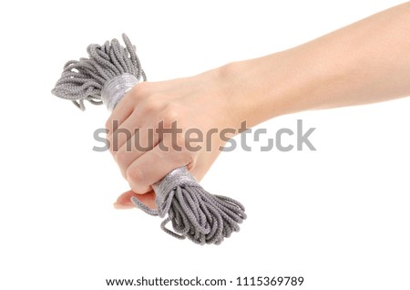 Gray rope in hand on white background isolation