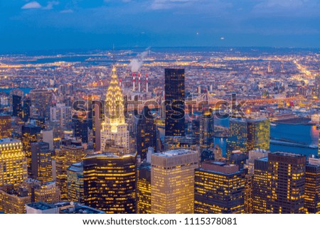 Aerial view of Manhattan skyline at sunset, New York City in United States