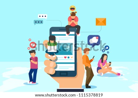 Colorful vector design of smartphone with concept of networking and worldwide communication app on blue background