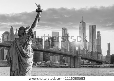 Statue Liberty and  New York city skyline in black and white,  in United States