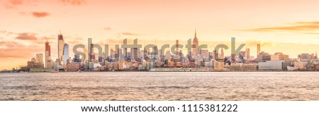 New York City skyline at sunset in USA