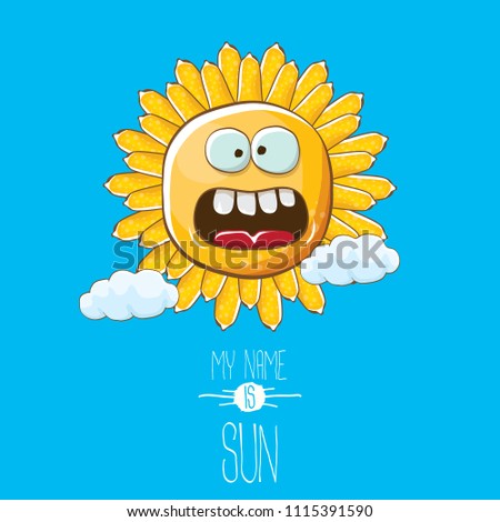 vector funky cartoon summer sun character with white clouds in blue sky  background. My name is sun concept illustration. funky kids summer character with eyes and mouth
