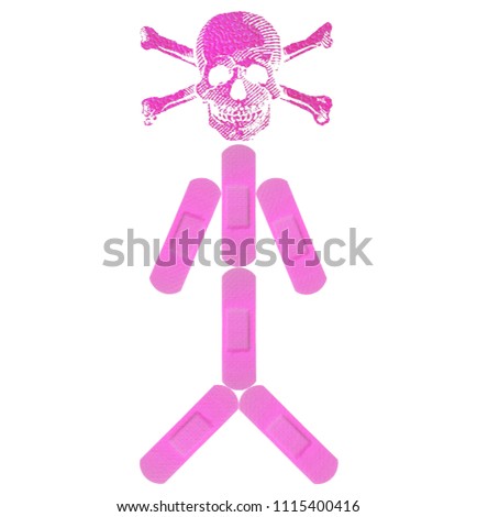 Funny Pink Girl Skeleton Face with Body of Various Strips of FIRST AID PLASTER